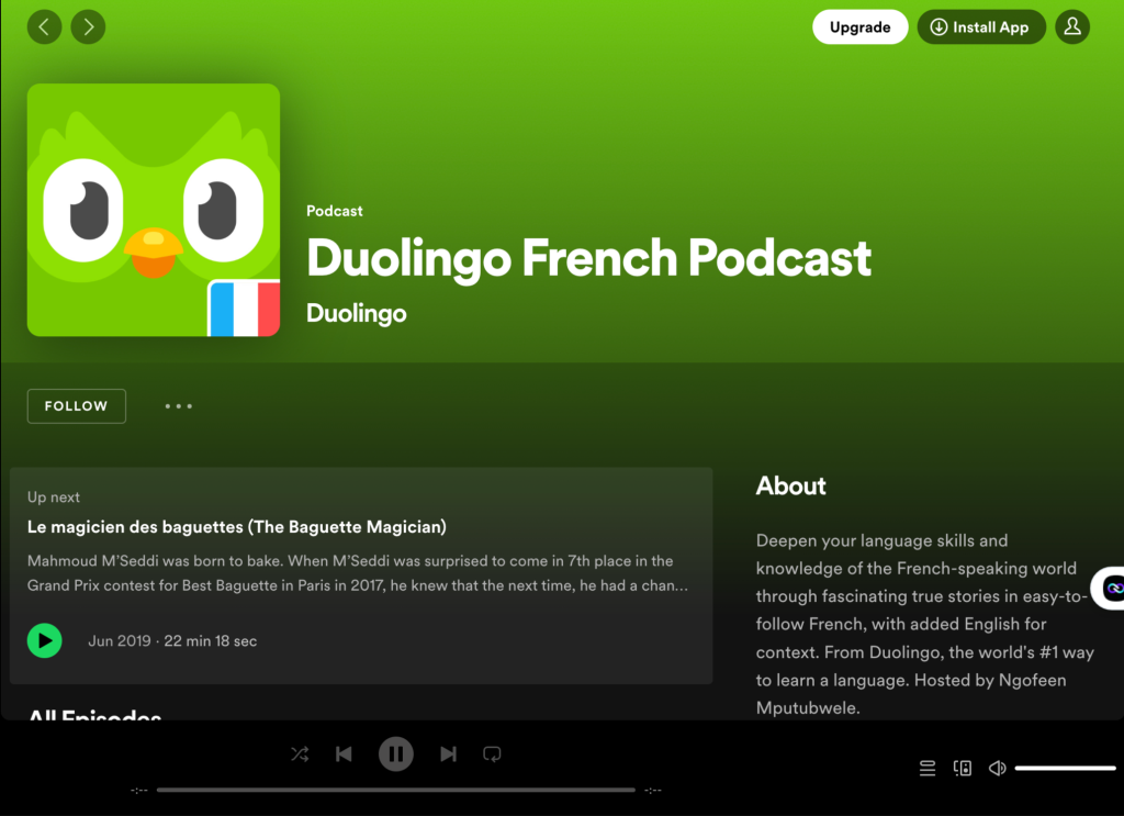 Screencap of Duolingo's French Podcast in Spotify