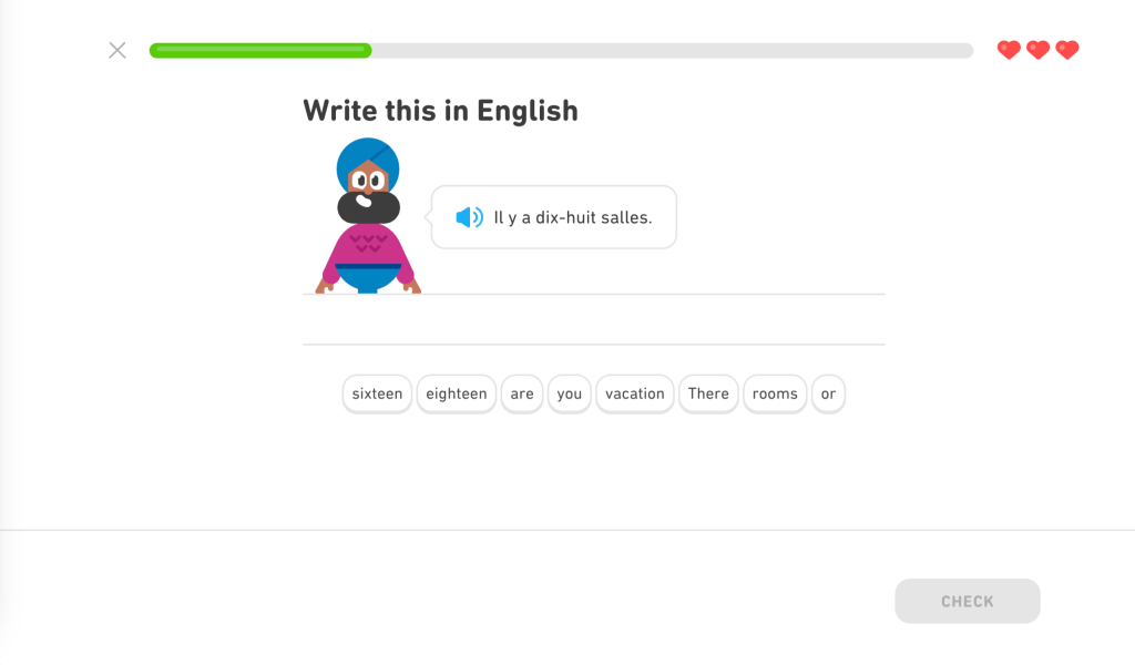 Screencap of Duolingo language test.