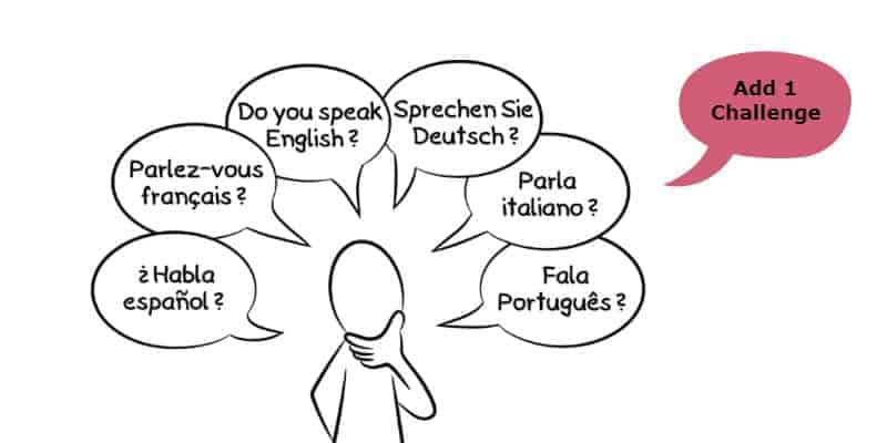 Pencil sketch of a man with many speech bubbles in different languages, and a new one labelled "Add 1 Challenge"