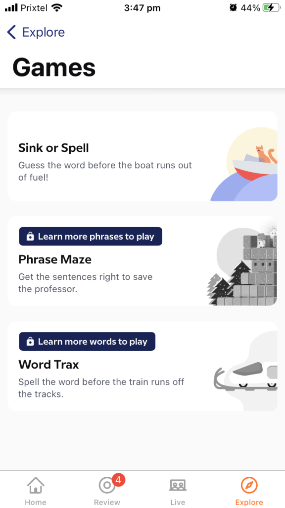 Babbel language learning app has integrated word games into the app to make practice more fun