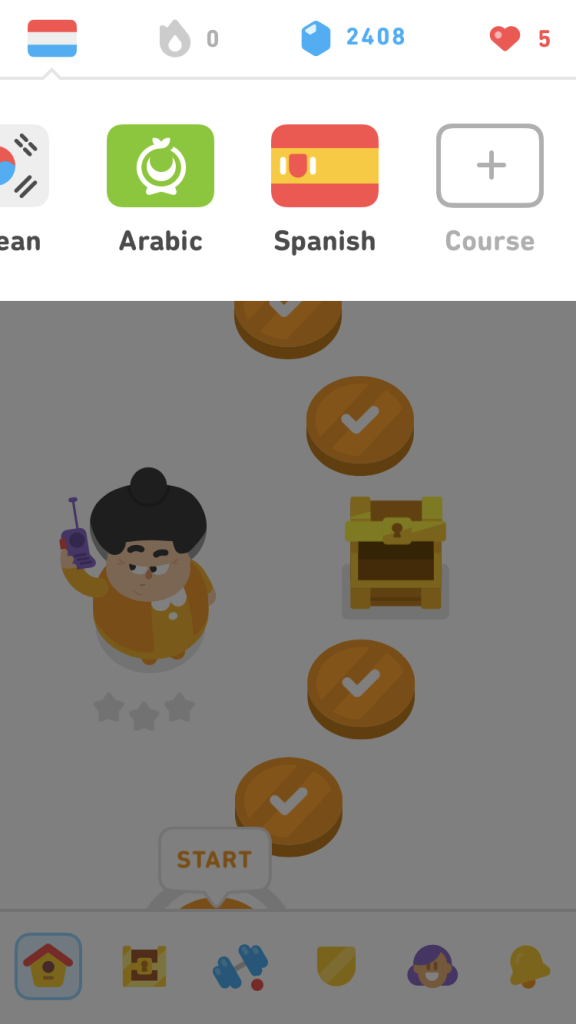 Step 2: Scroll to the end of the Duolingo flags, and click the plus sign.