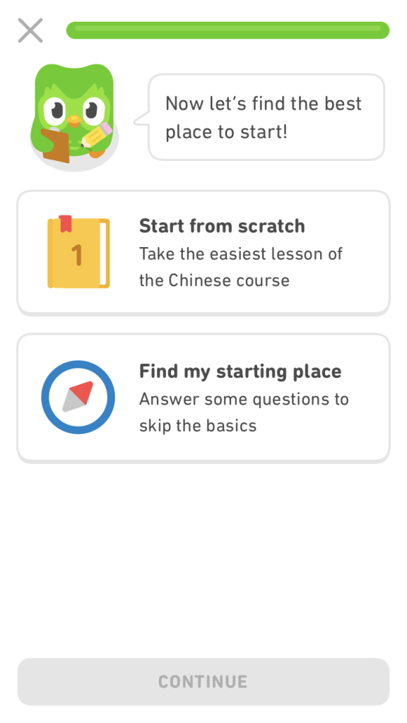Duolingo offers you a placement test at the start of every new language course.