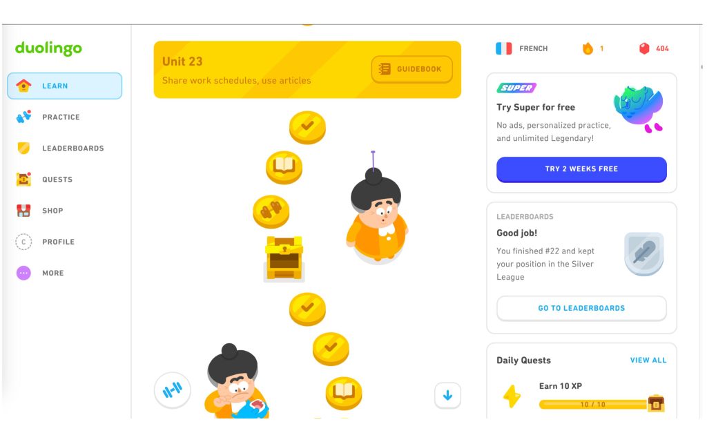 Screenshot of Duolingo Lesson Path