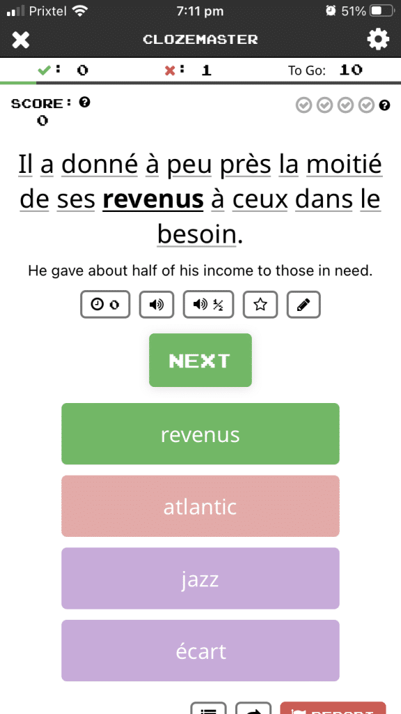Screencap of Clozemaster app showing a cloze exercise from a more advanced French activity.