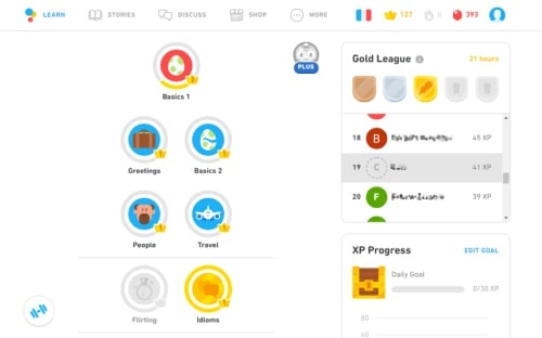 Screenshot of Duolingo.com language learning web interface showing the league tables.