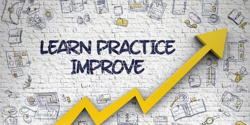 Learn Practise Improve with an upwards moving arrow