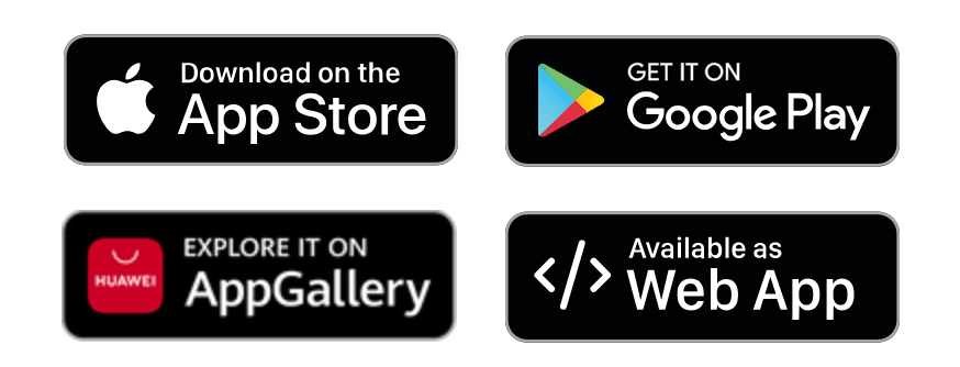 Icons of Apple App Store, Google Play, Huawei AppGallery and Web App.