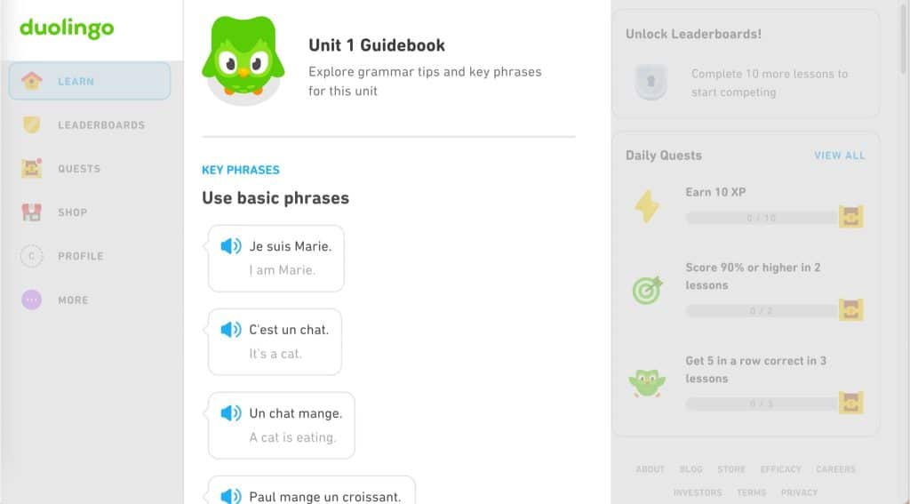 Screenshot of Duolingo Guidebook for French Unit 1