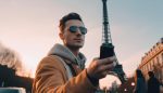 Young professional man taking a selfie in front of the Eiffel Tower
