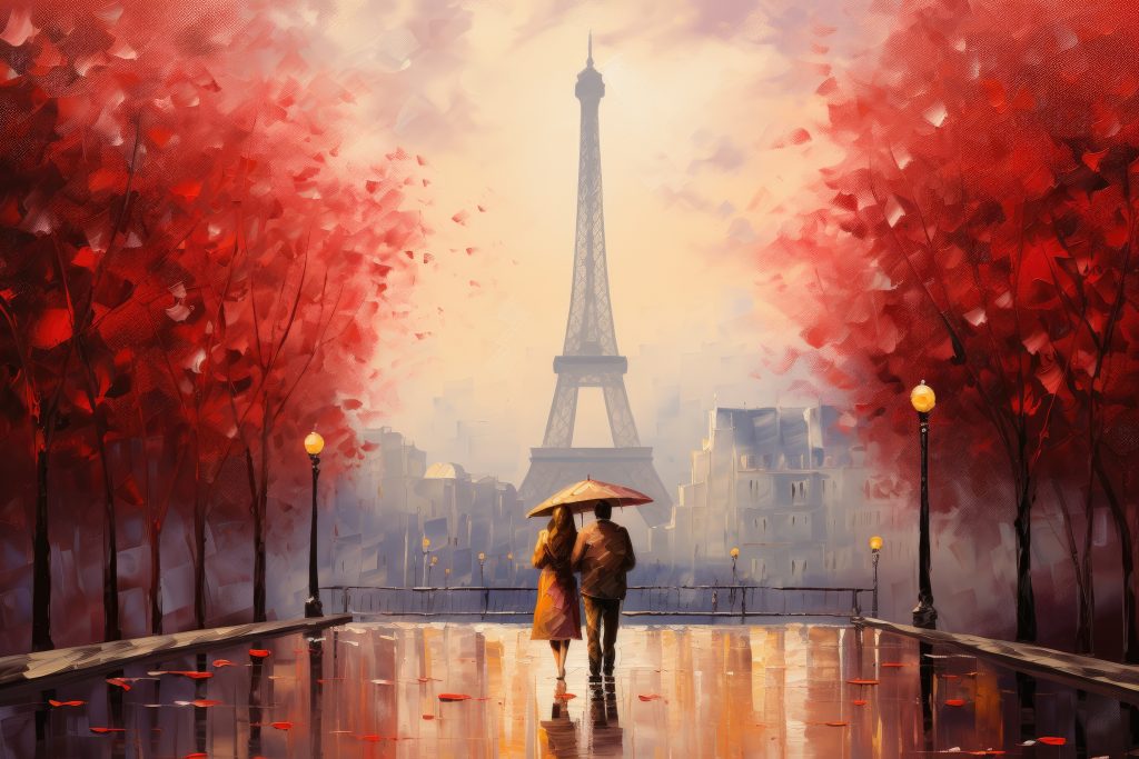 Romantic image of a couple in front of the Eiffel Tower